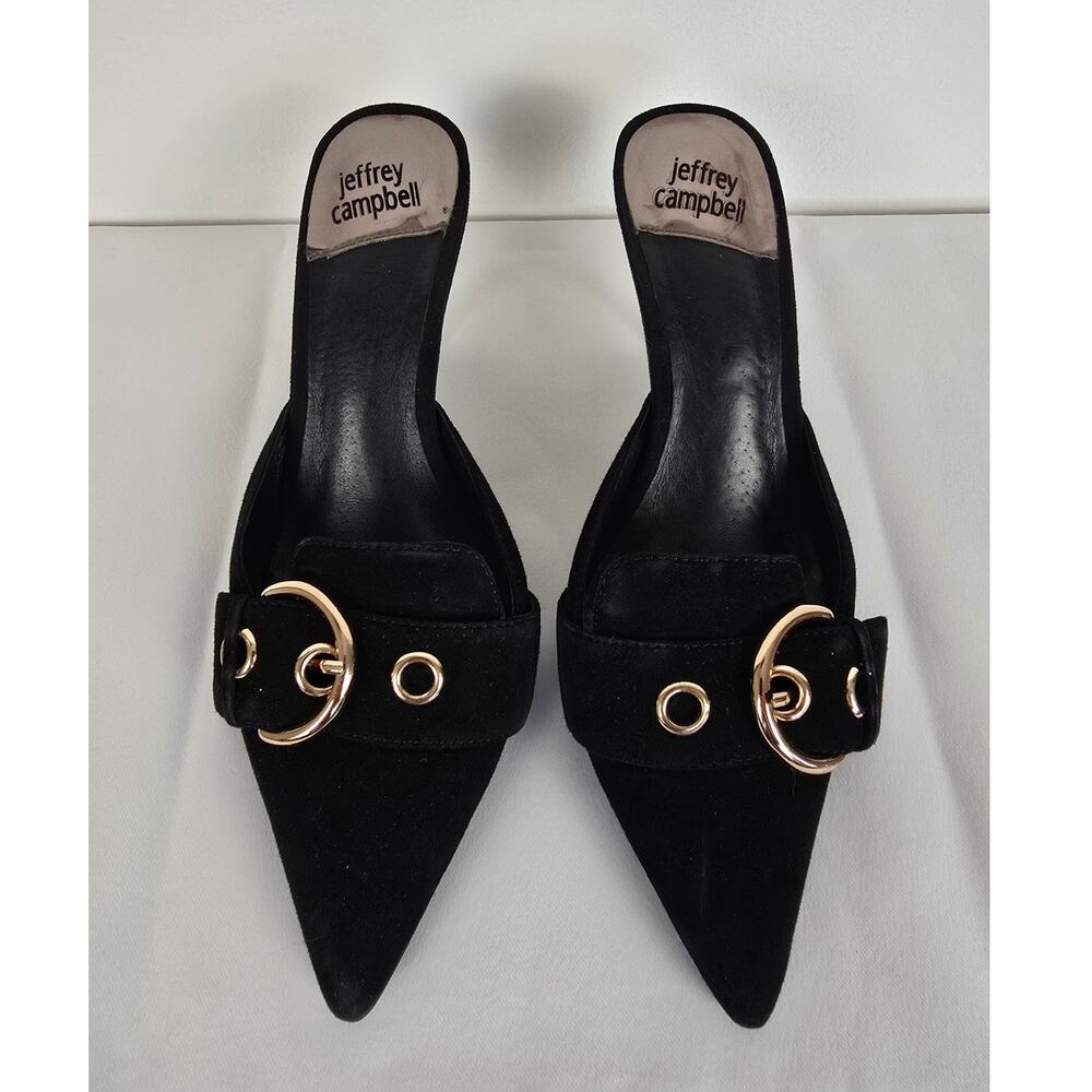 Jeffrey Campbell Black Suede Kitten Heel Pointed Toe Mule Buckle Sz 7